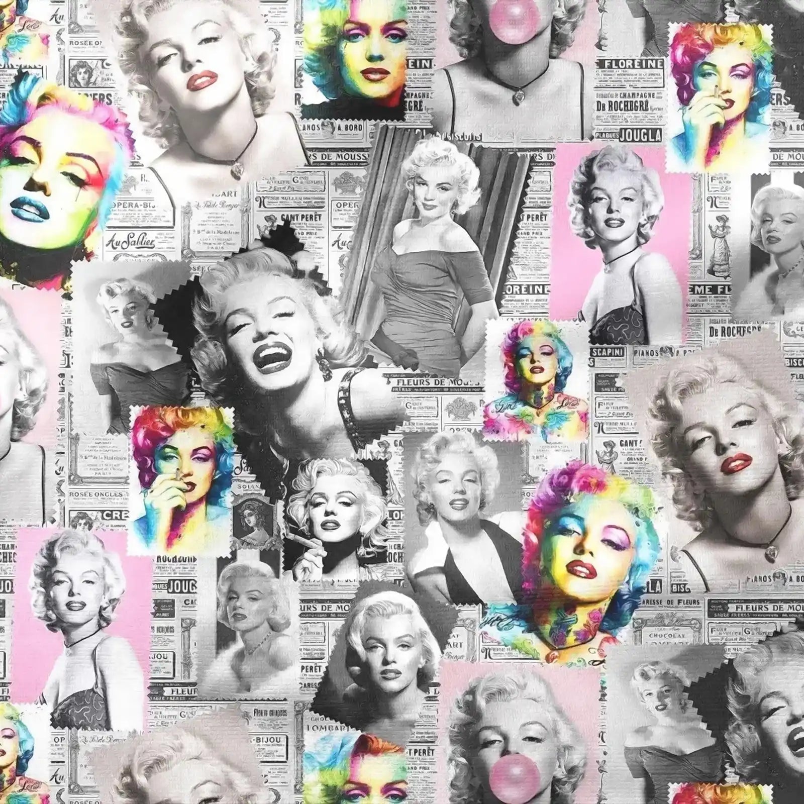 Collage of images featuring a famous actress with colorful and black-and-white elements.