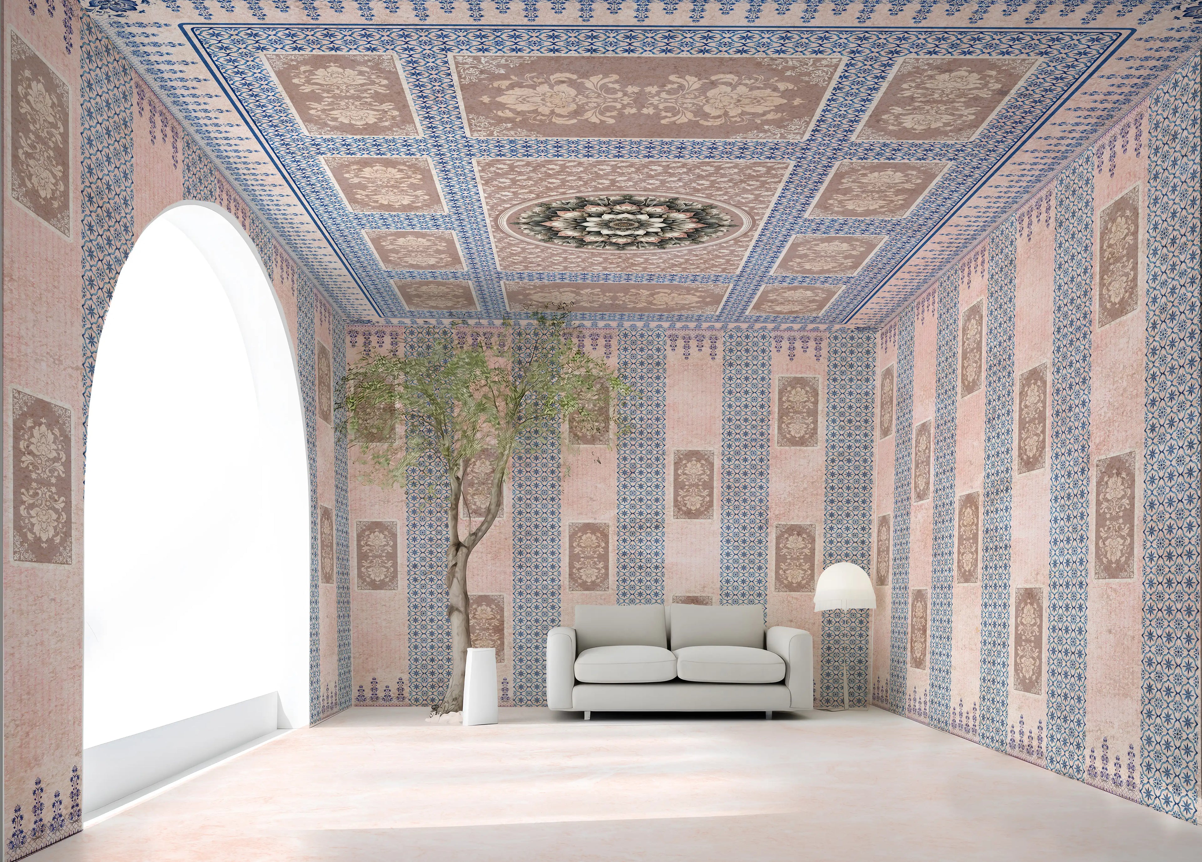 Decorative interior with patterned walls and ceiling, featuring a sofa and lamp.