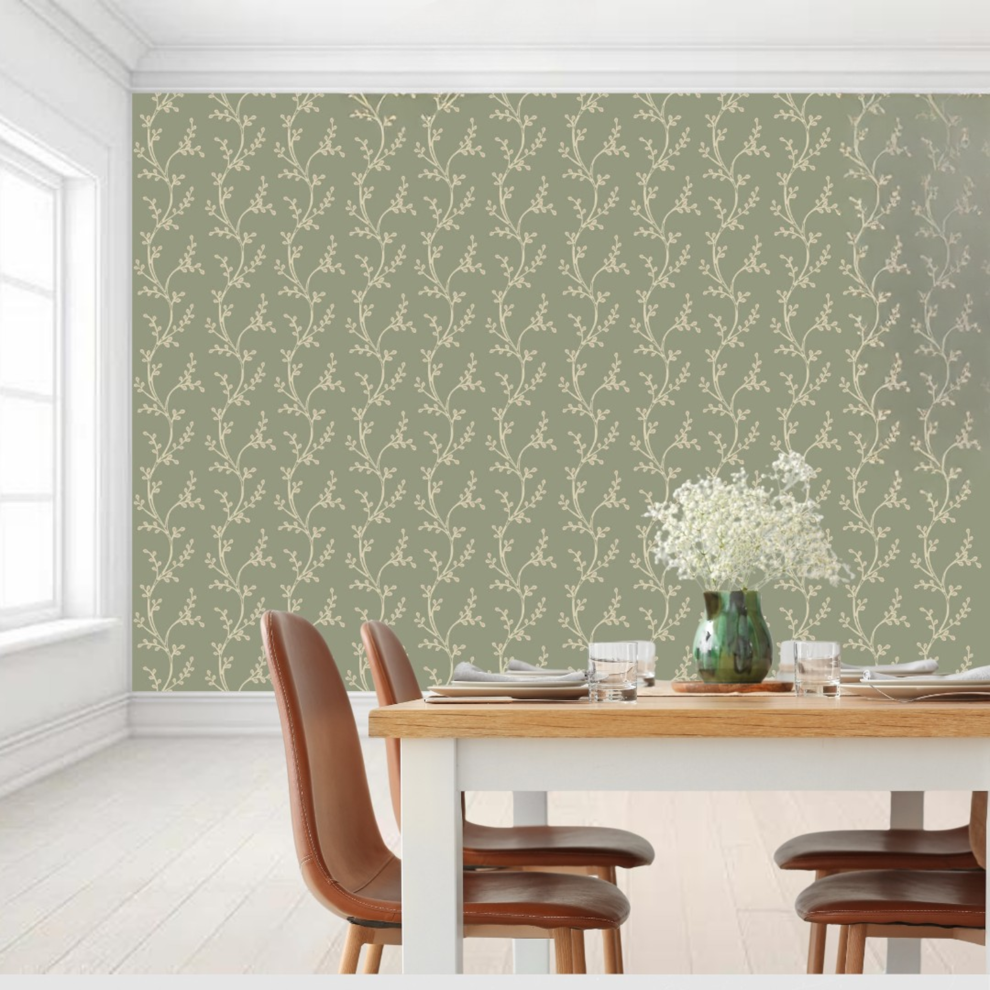 Dining room with a green patterned wall, wooden table, and chairs.