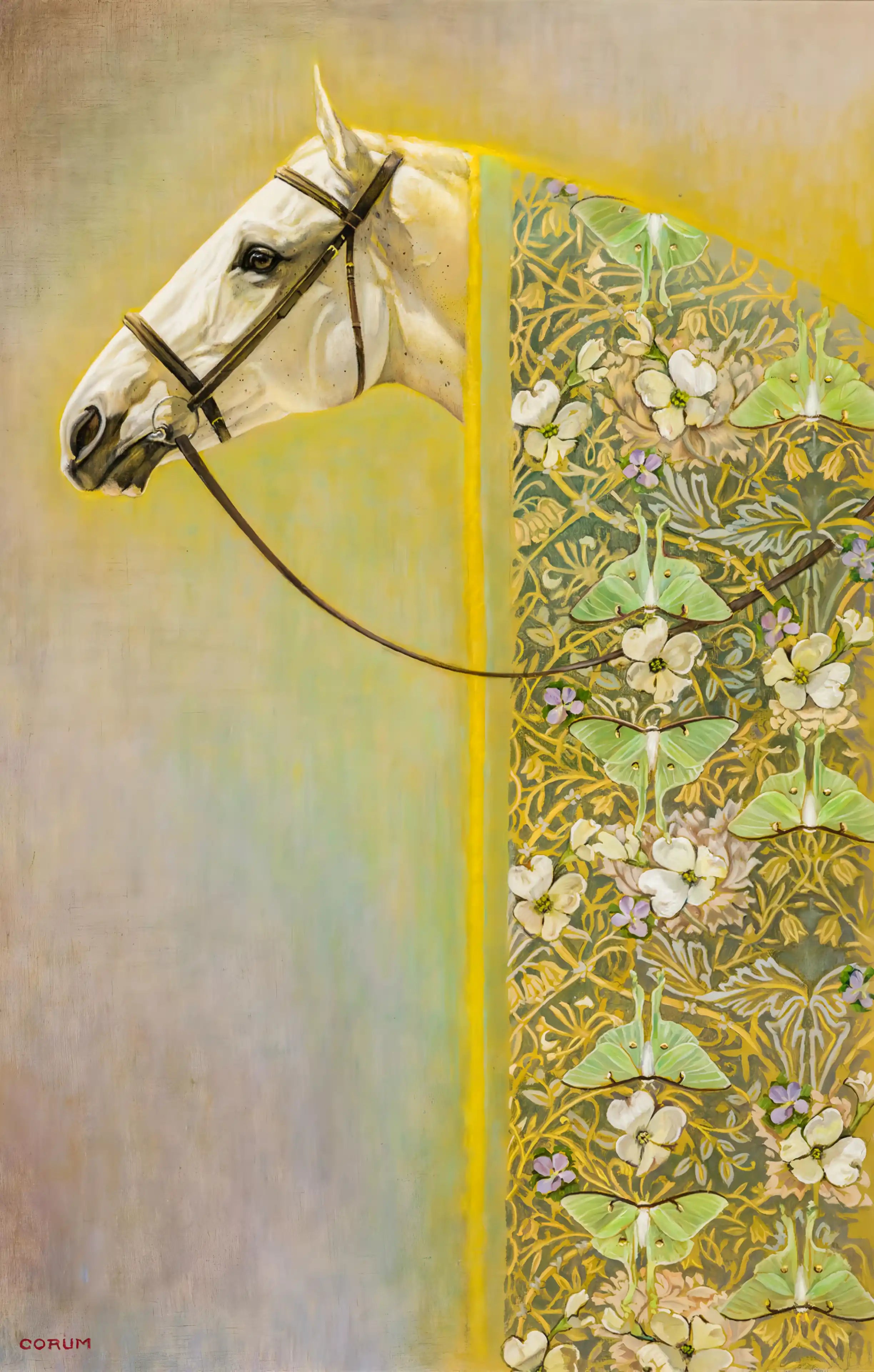 White horse head with floral patterned cape on a gradient background