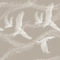 Decorative pattern of white birds and branches on a beige background