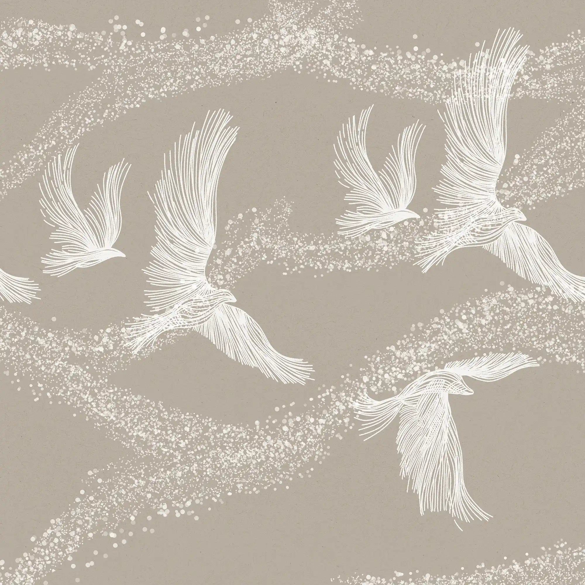 Decorative pattern of white birds and branches on a beige background