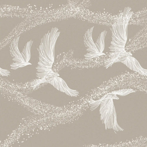 Decorative pattern of white birds and branches on a beige background