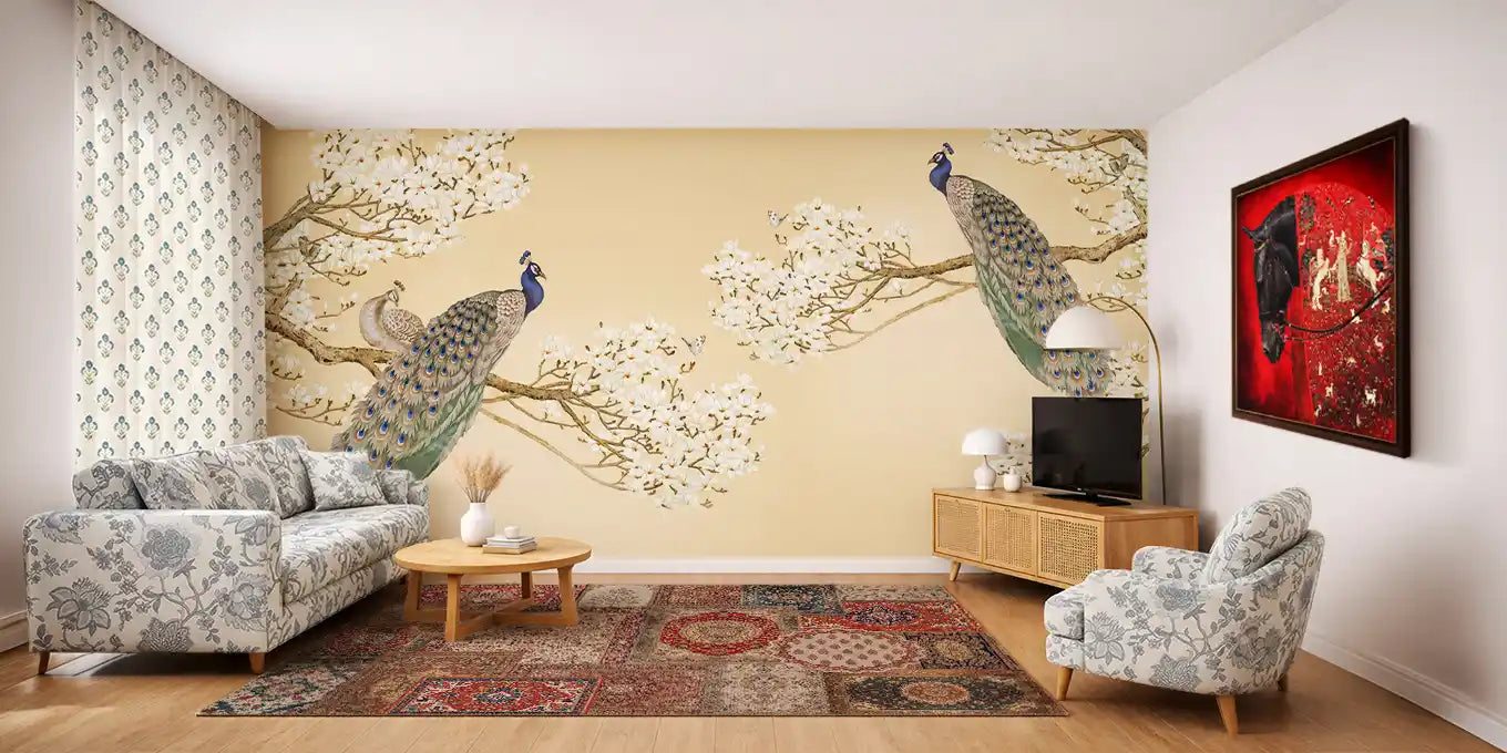 Living room with floral wallpaper, a large wall mural of peacocks, and a framed picture on the wall.