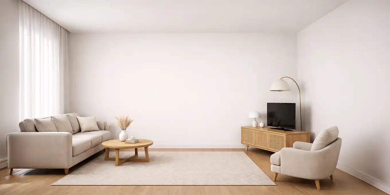Modern living room with beige sofa, armchair, and coffee table.