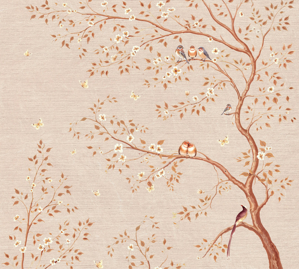 Decorative wallpaper with birds and branches on a beige background