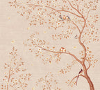 Decorative wallpaper with birds and branches on a beige background