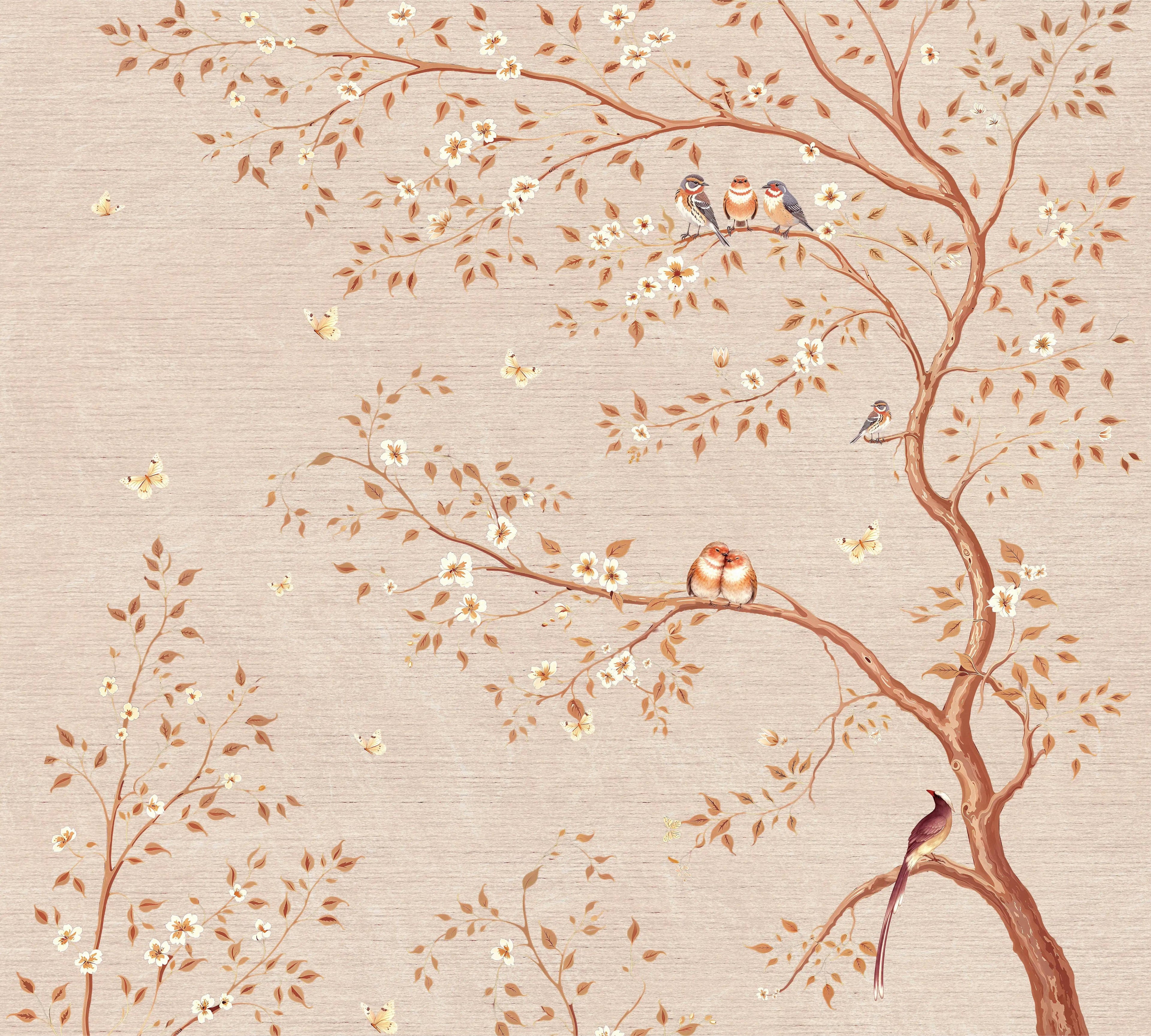 Decorative wallpaper with birds and branches on a beige background