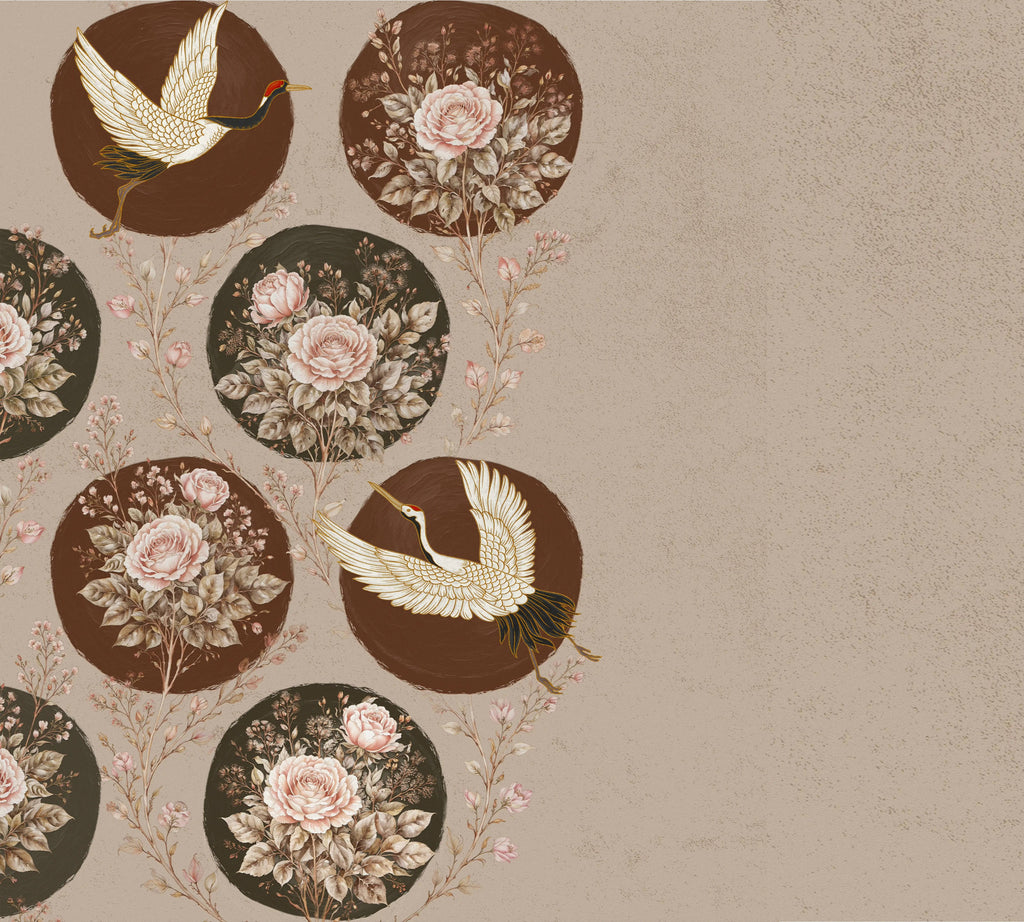 Decorative pattern with birds and flowers on a beige background