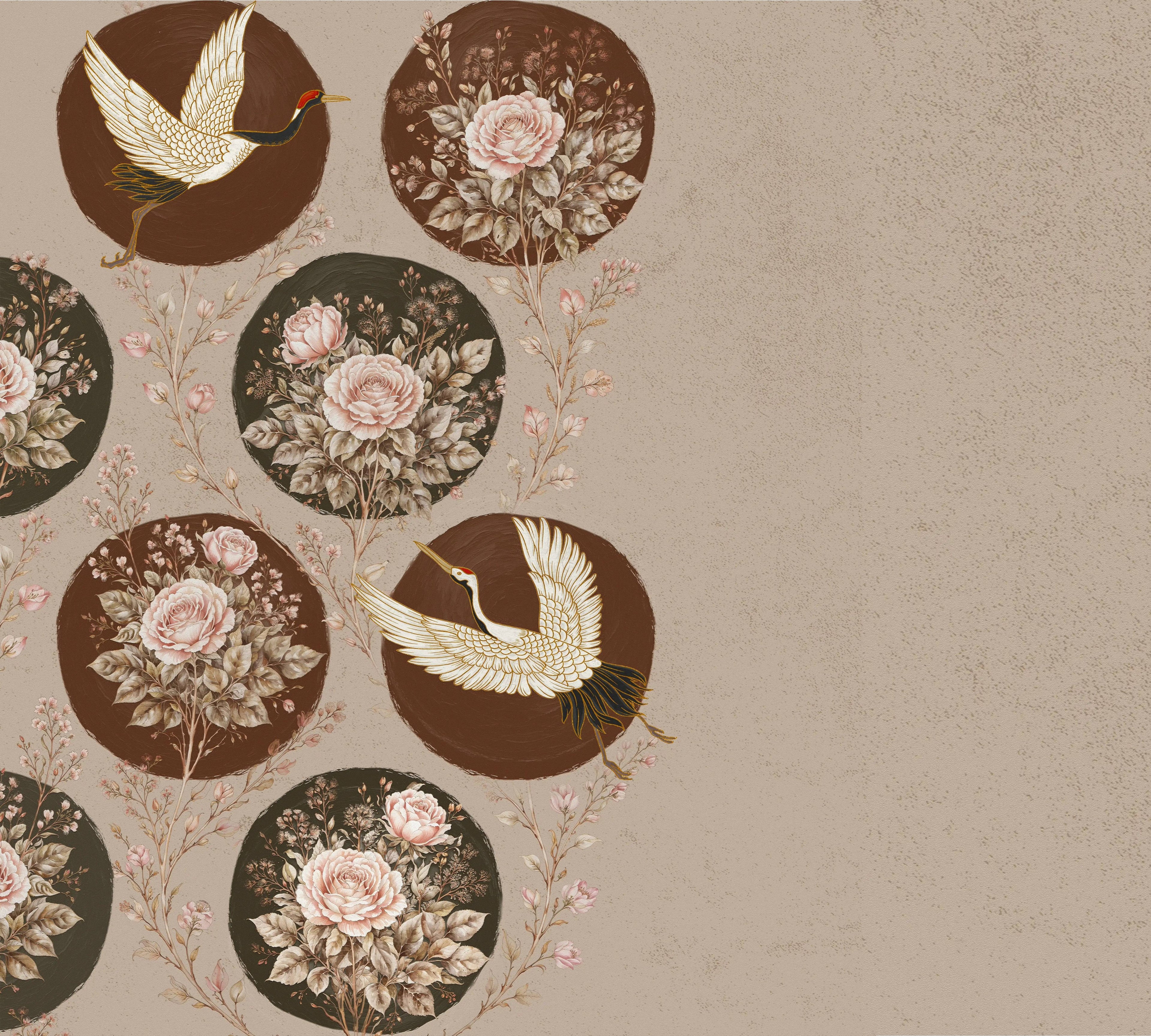 Decorative pattern with birds and flowers on a beige background