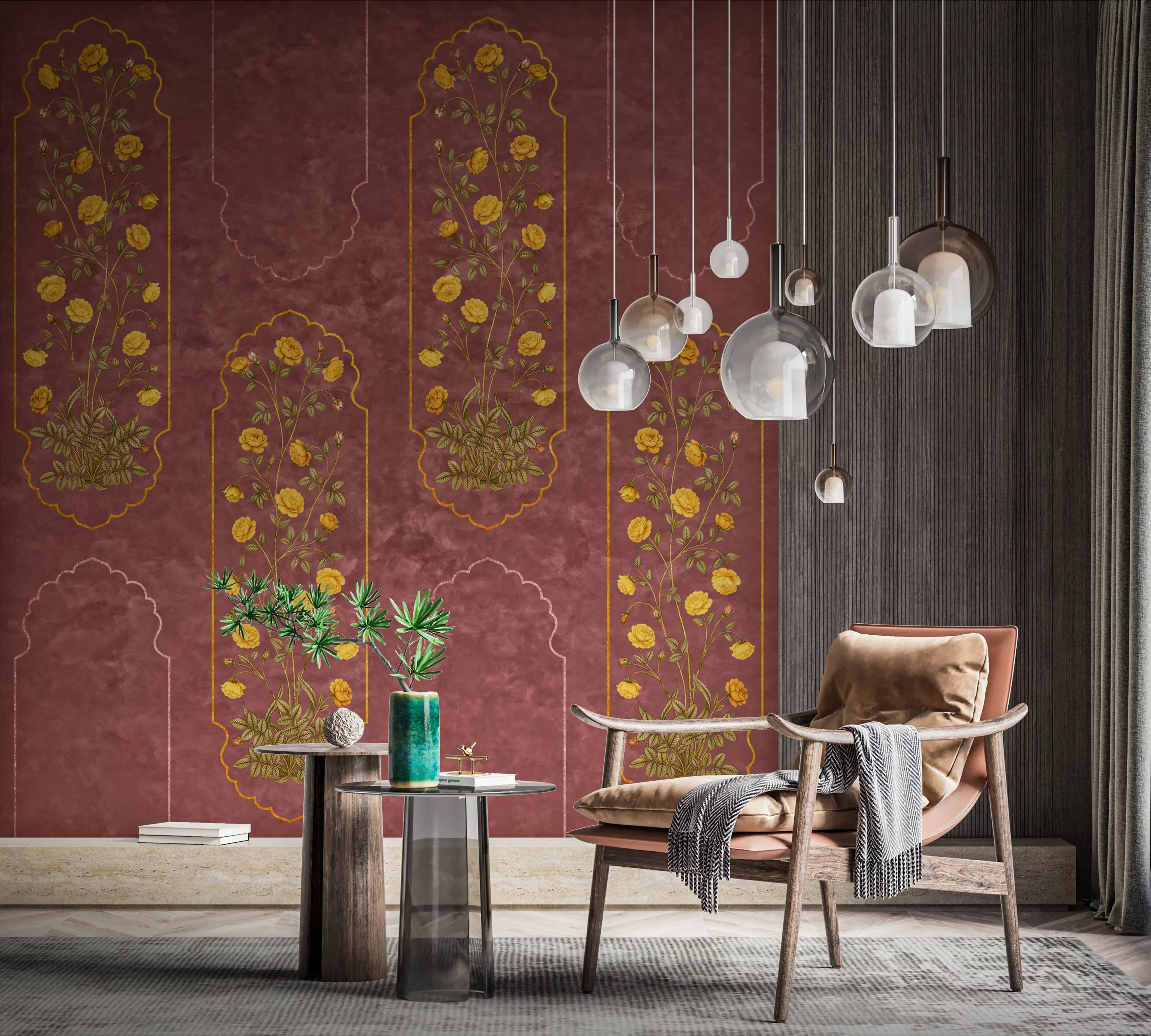 Modern interior with a chair, table, and decorative wall mural.