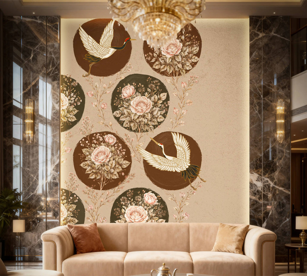Decorative wall with floral and bird patterns in a luxurious room with a sofa and chandelier.