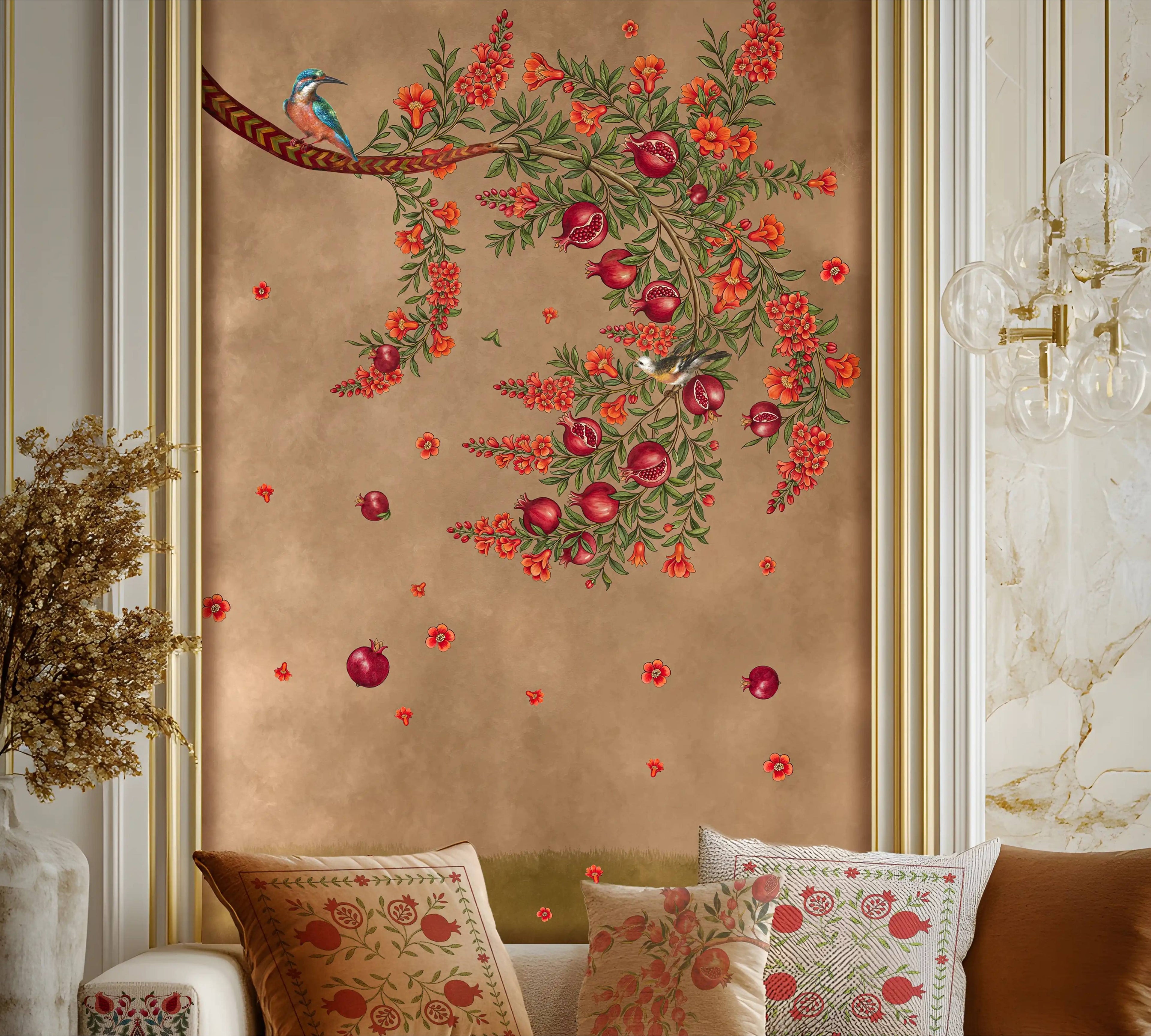 Decorative wall art with floral and bird design in a living room setting.