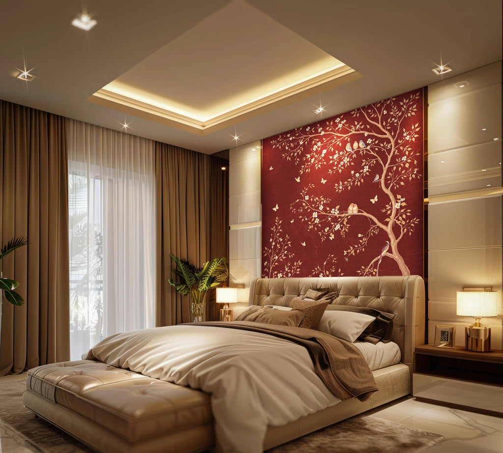 Modern bedroom with a large bed, decorative wall art, and stylish lighting.