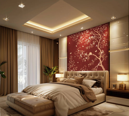 Modern bedroom with a large bed, decorative wall art, and stylish lighting.