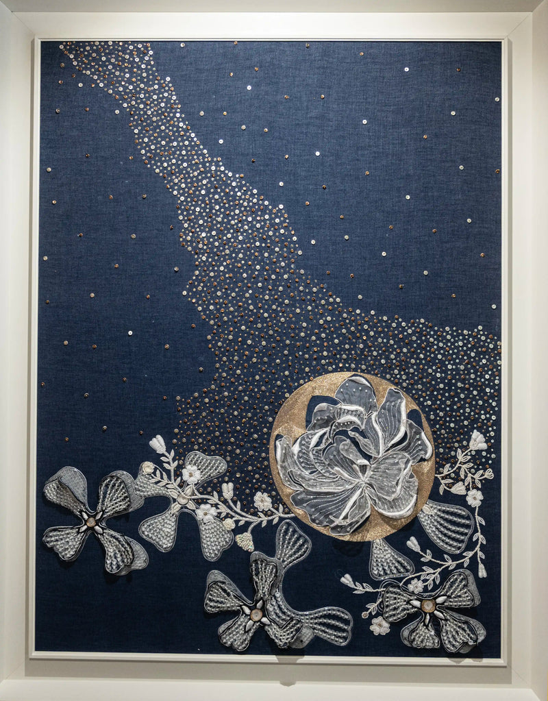 Framed artwork with floral design on a dark blue background