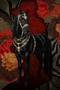Black horse with ornate gold and silver bridle against a richly patterned background
