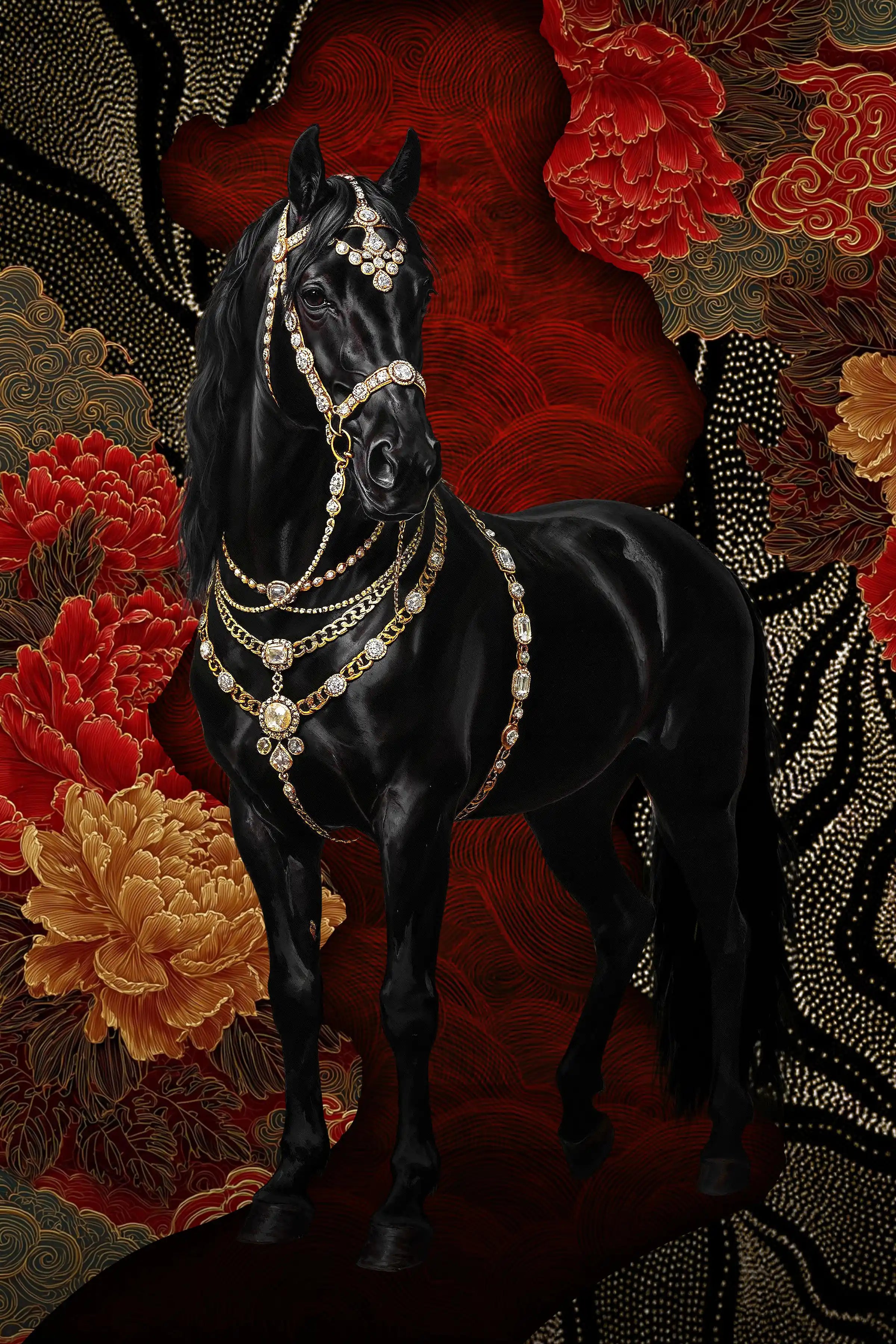 Black horse with ornate gold and silver bridle against a richly patterned background