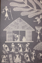 Decorative fabric with white patterns of people and a house on a gray background