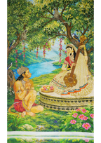 Two people in traditional attire sitting under a tree with a scenic background
