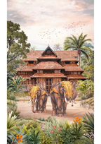 Traditional wooden house with elephants in a tropical setting