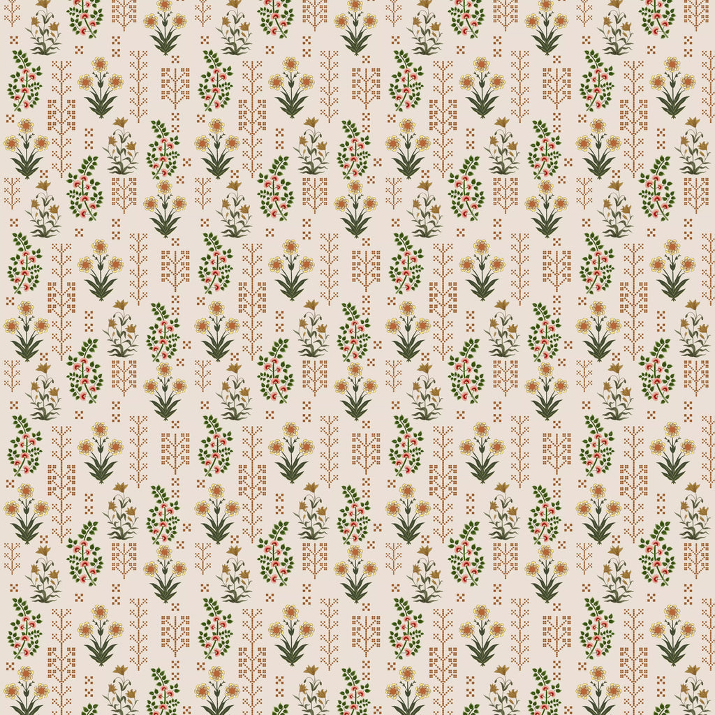 Pattern of small floral and geometric shapes on a beige background