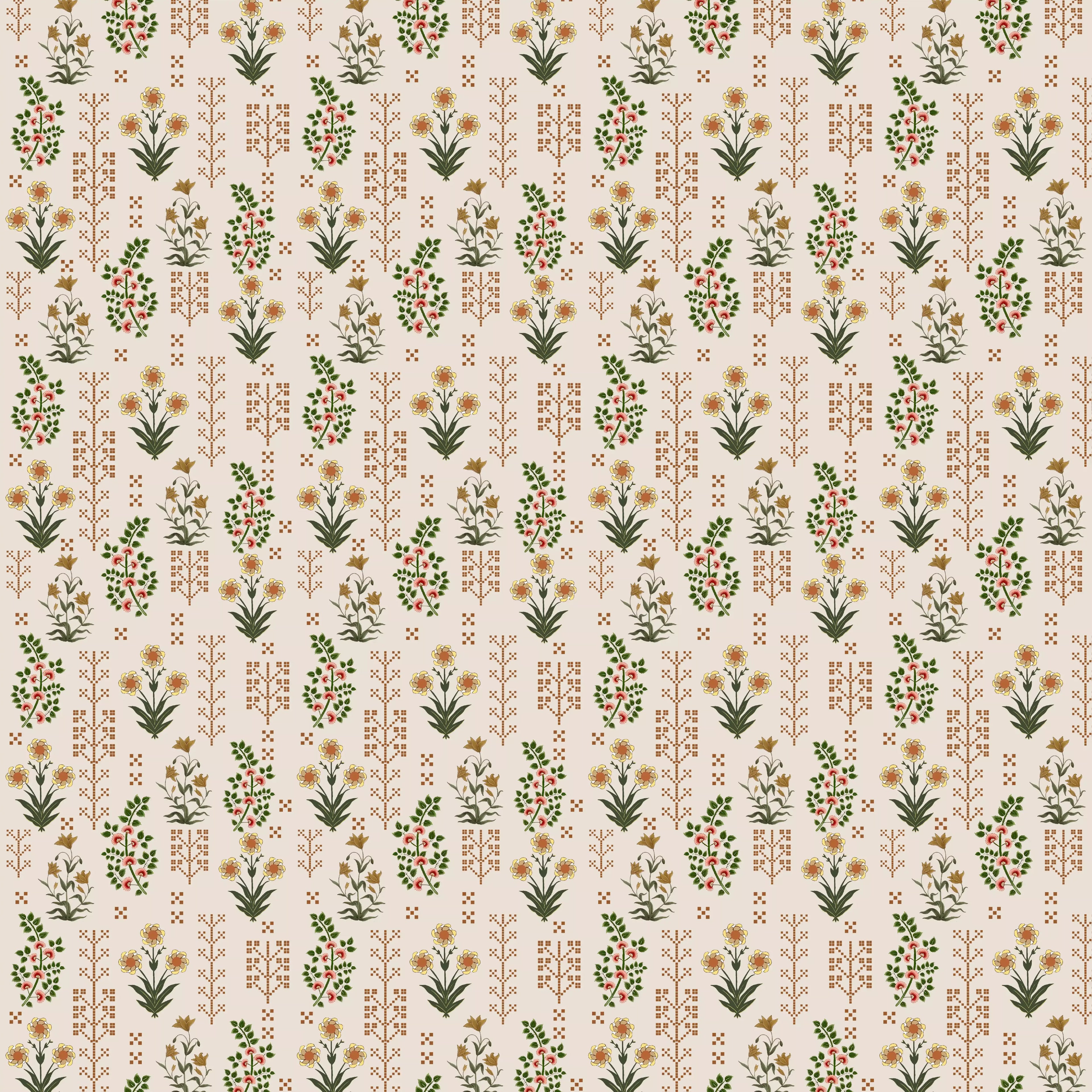Pattern of small floral and geometric shapes on a beige background