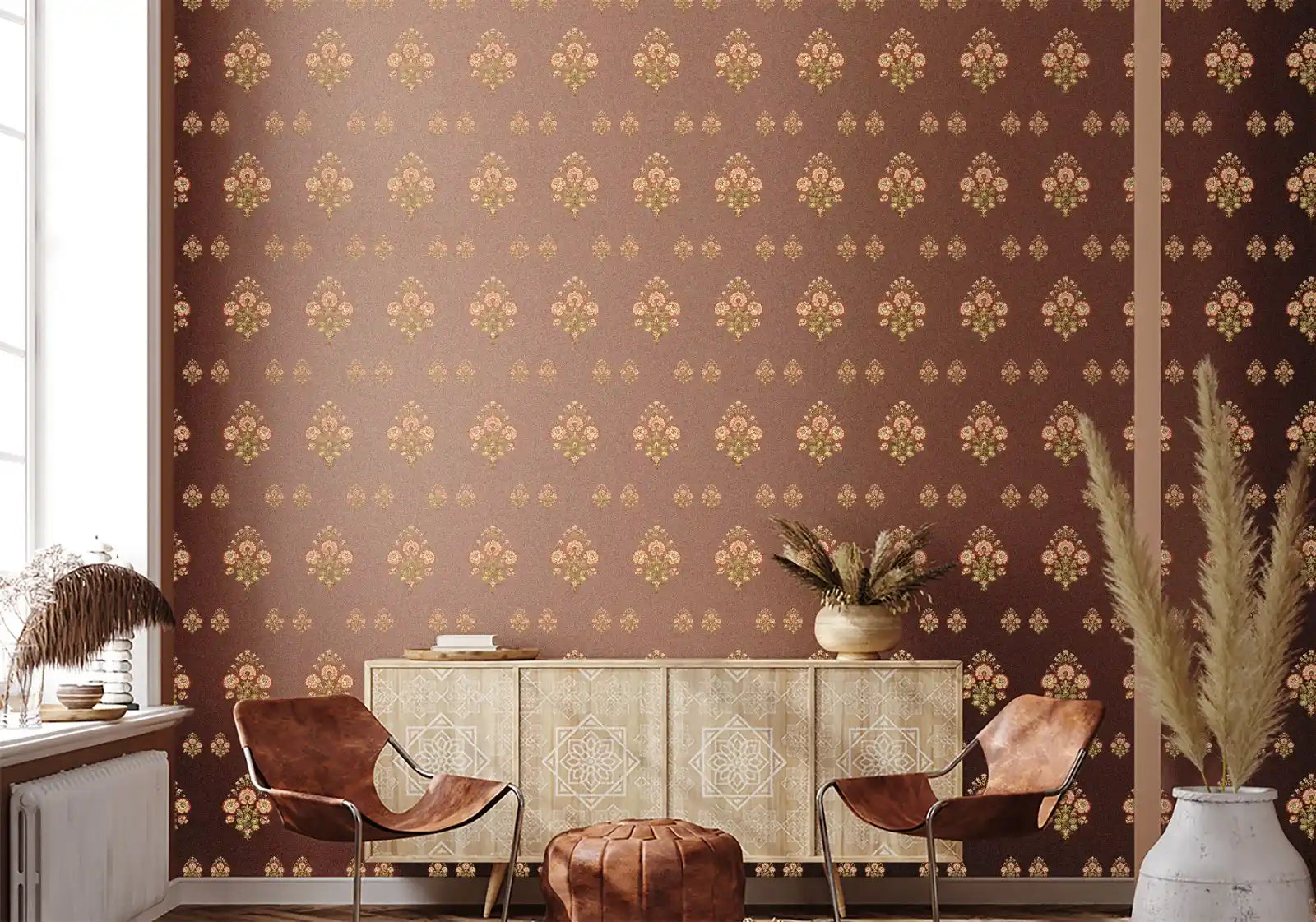 Living room with patterned wallpaper, wooden sideboard, and decorative items.