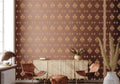 Living room with patterned wallpaper, wooden sideboard, and decorative items.