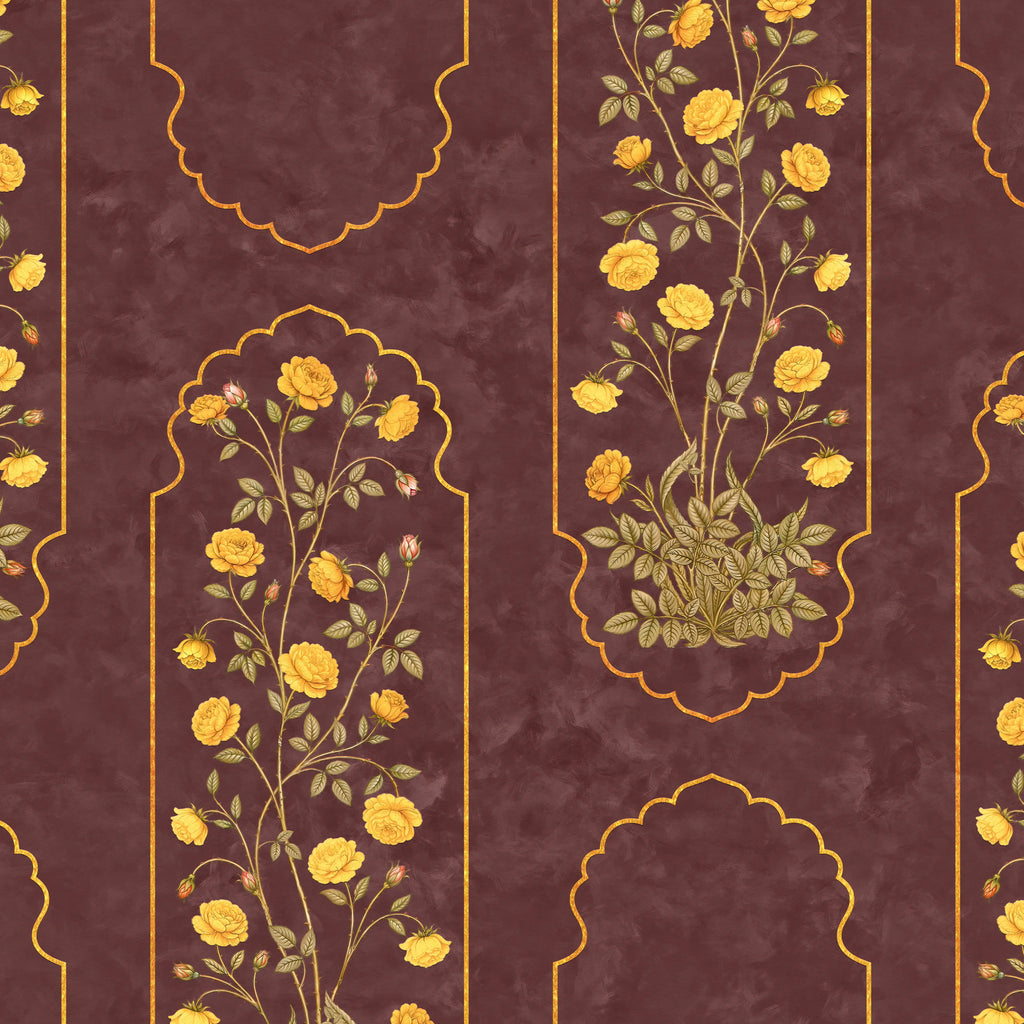 Decorative pattern with yellow flowers and green leaves on a maroon background