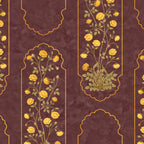 Decorative pattern with yellow flowers and green leaves on a maroon background