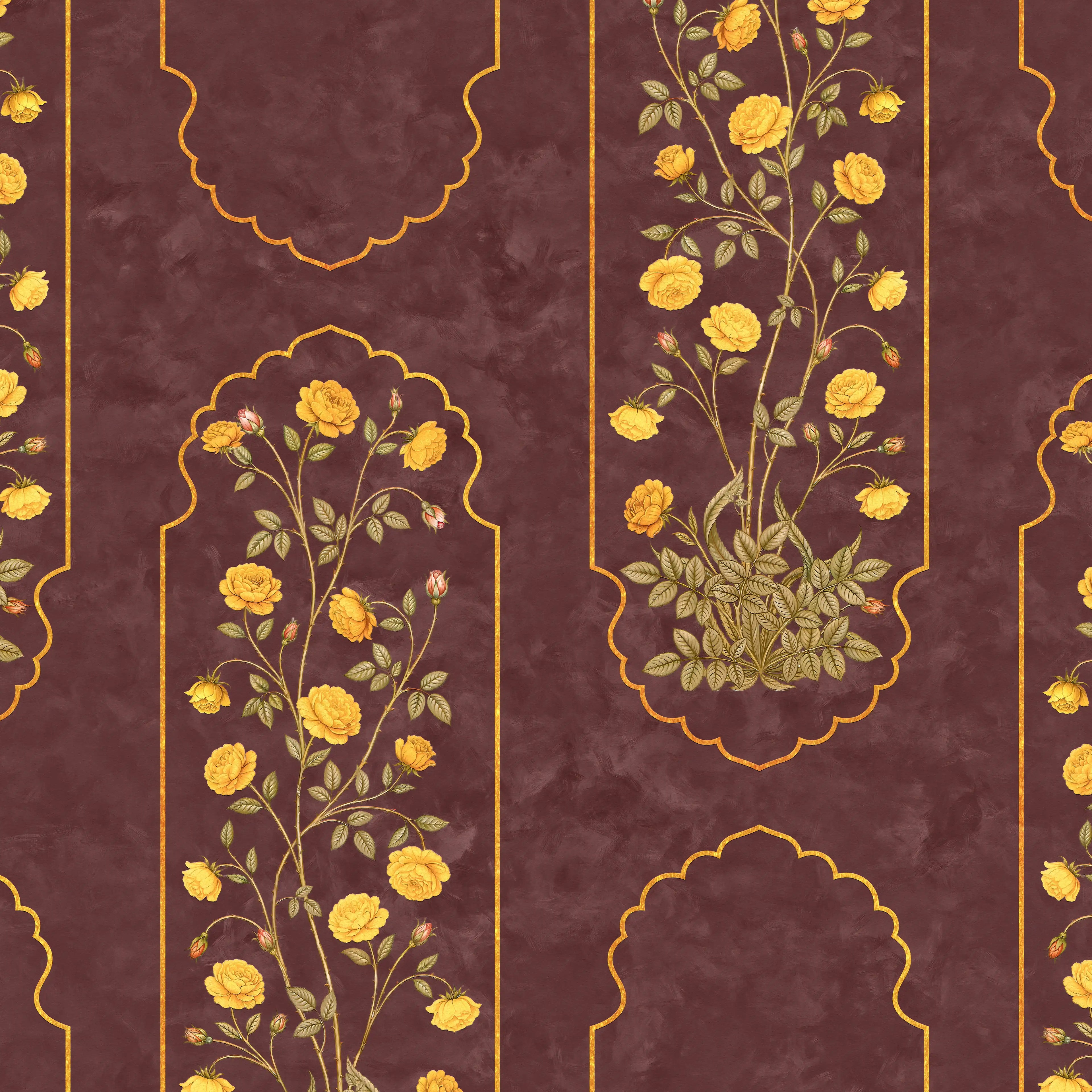 Decorative pattern with yellow flowers and green leaves on a maroon background