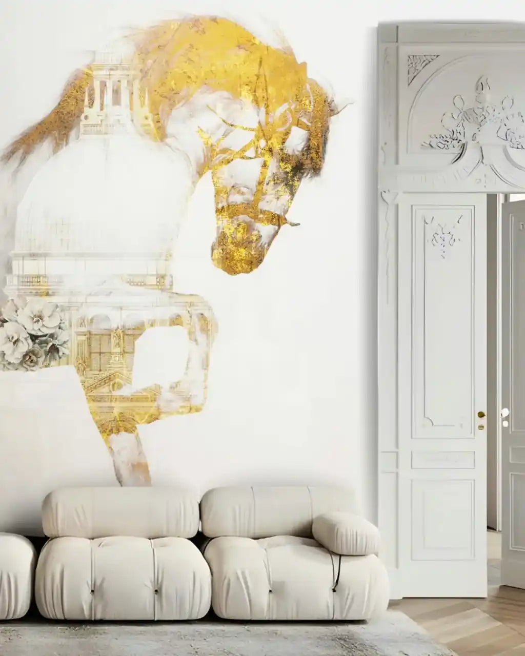 Modern living room with a large abstract wall art piece featuring gold and white colors.