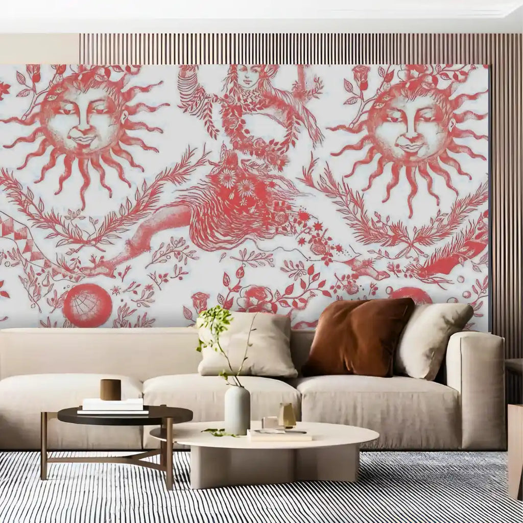 Living room with a decorative wall featuring sun and floral patterns.