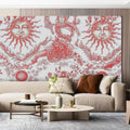 Living room with a decorative wall featuring sun and floral patterns.