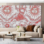 Living room with a decorative wall featuring sun and floral patterns.