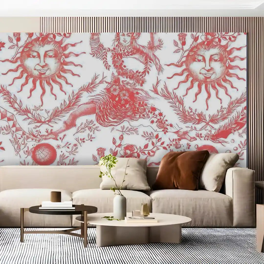 Living room with a decorative wall featuring sun and floral patterns.