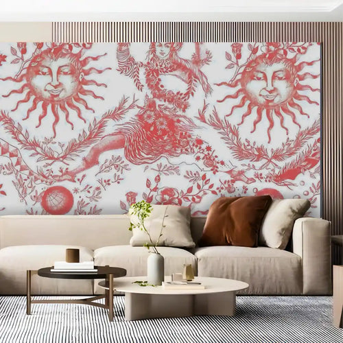 Living room with a decorative wall featuring sun and floral patterns.