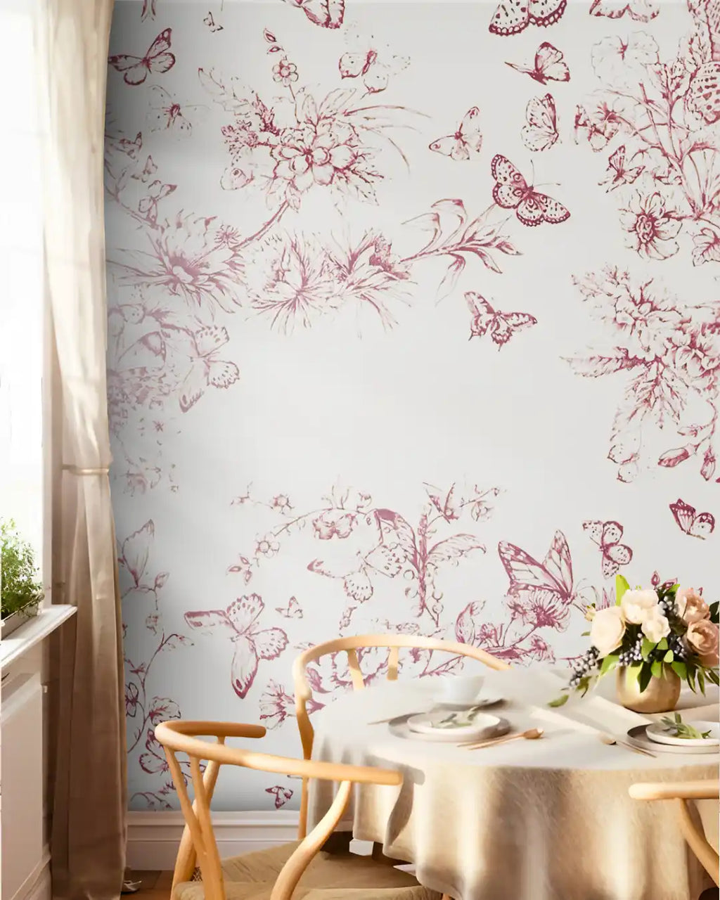 Dining room with floral and butterfly wallpaper, wooden chair, and table setting.