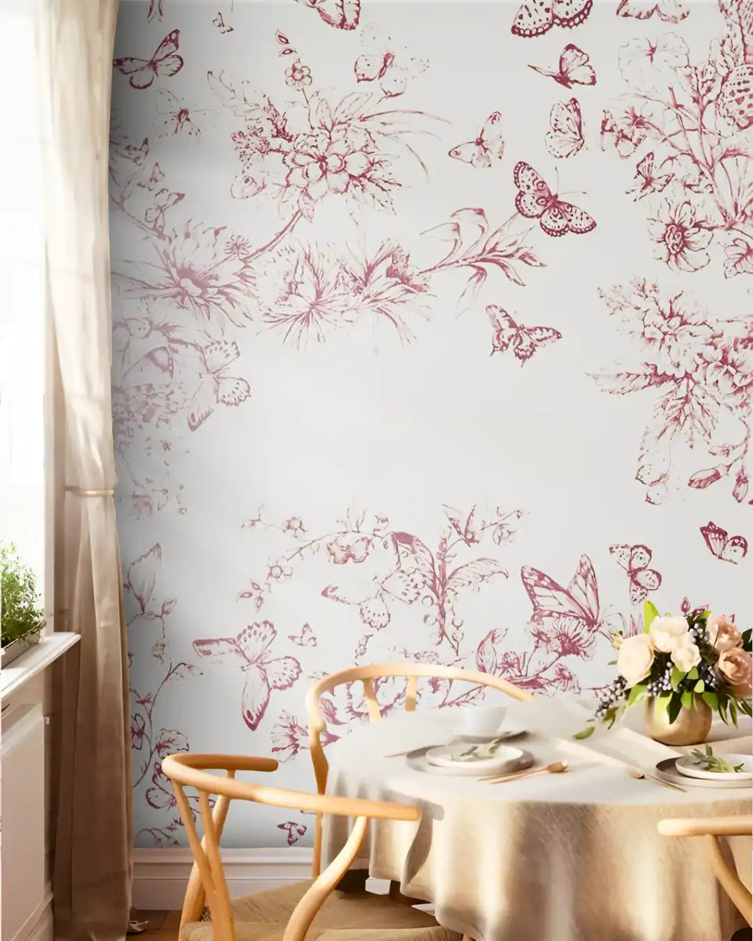 Dining room with floral and butterfly wallpaper, wooden chair, and table setting.