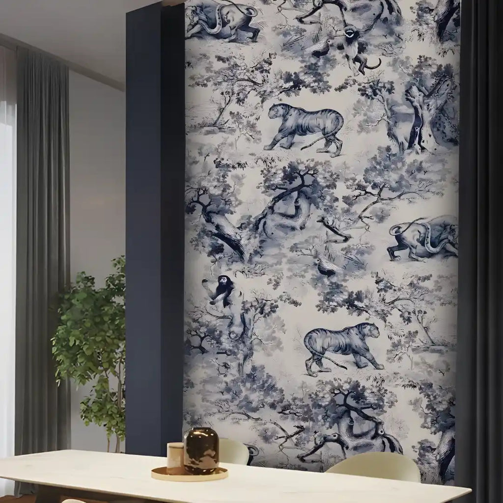 Wallpaper with animal pattern in a room with a table and plant.