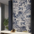 Wallpaper with animal pattern in a room with a table and plant.