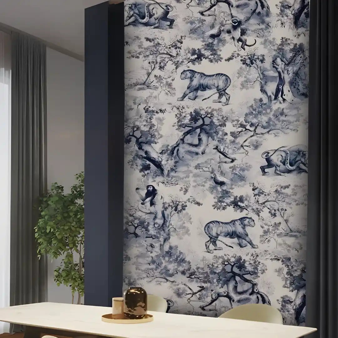 Wallpaper with animal pattern in a room with a table and plant.