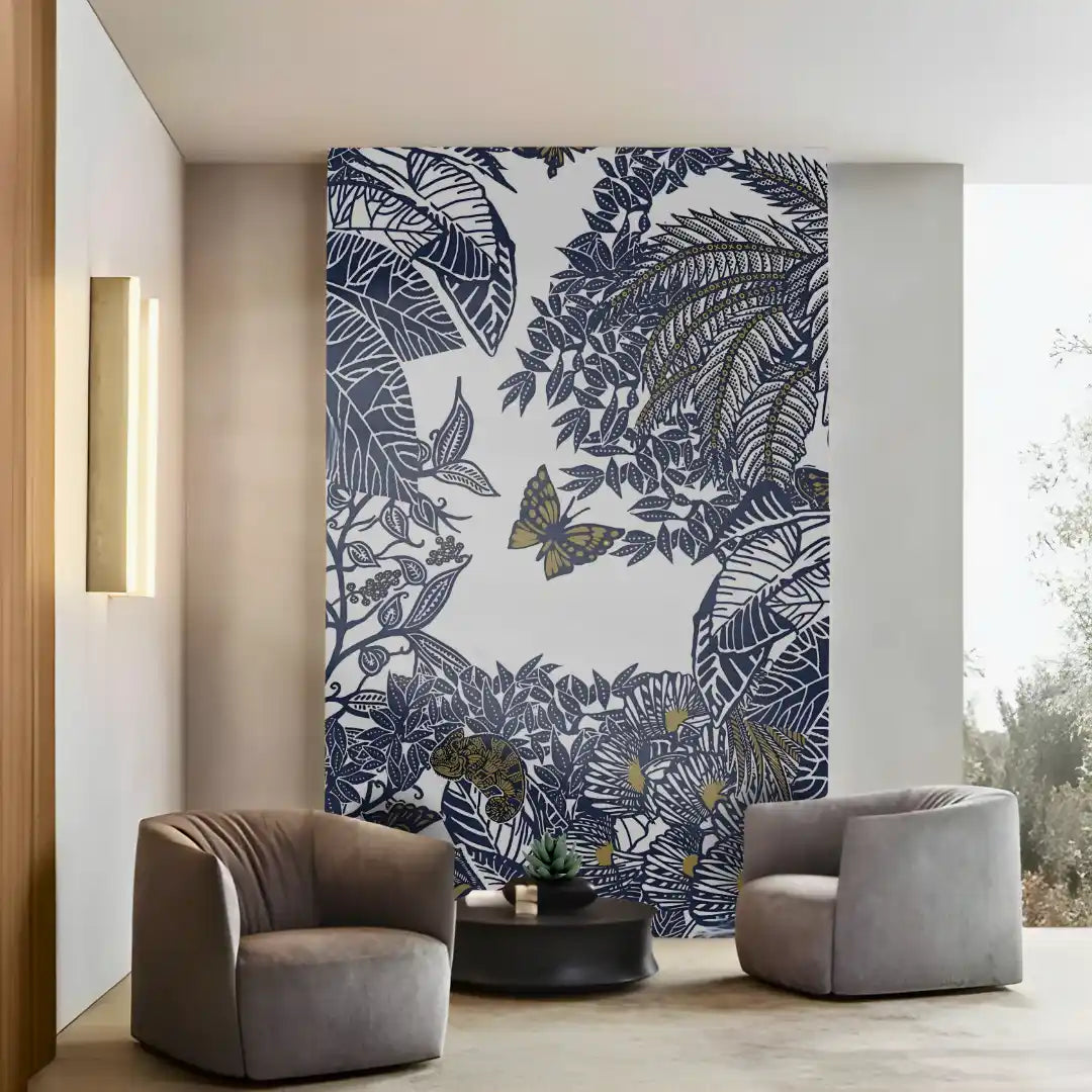 Modern living room with a decorative wall panel featuring blue leaf and butterfly pattern.