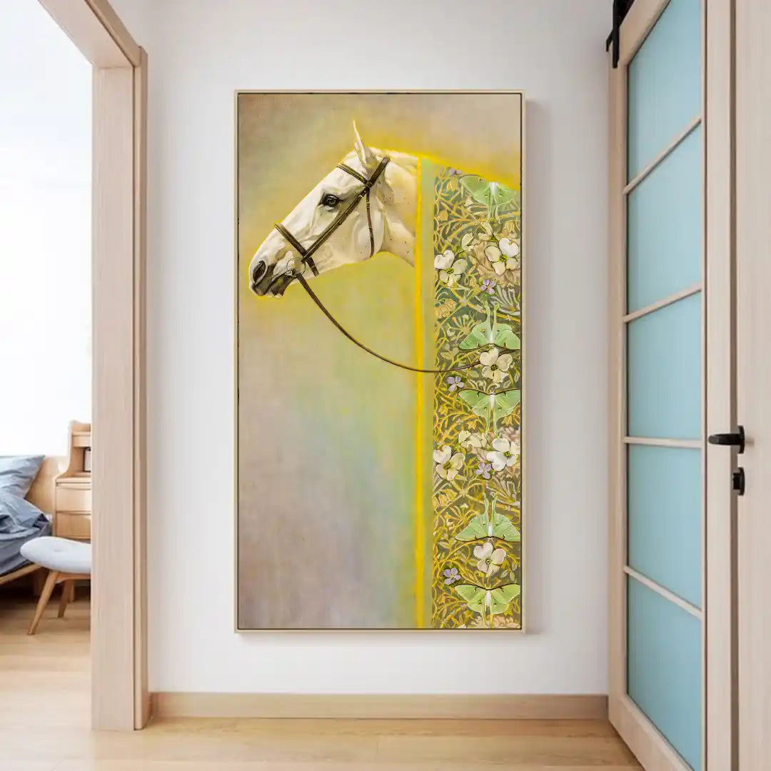 Painting of a horse's head with floral patterns on a wall in a room.