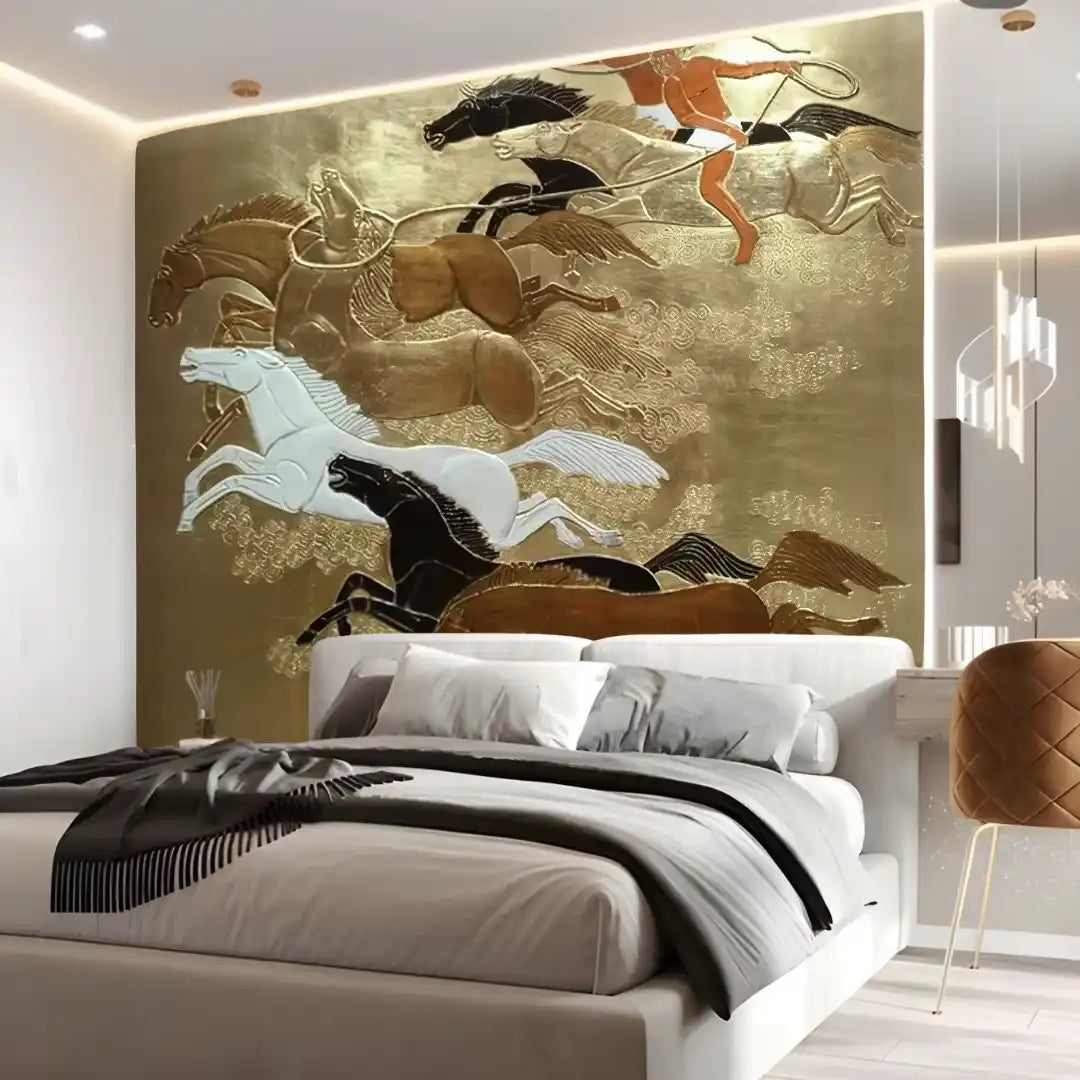 Modern bedroom with a large decorative wall mural of horses.