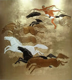 Decorative panel with running horses and people on a gold background