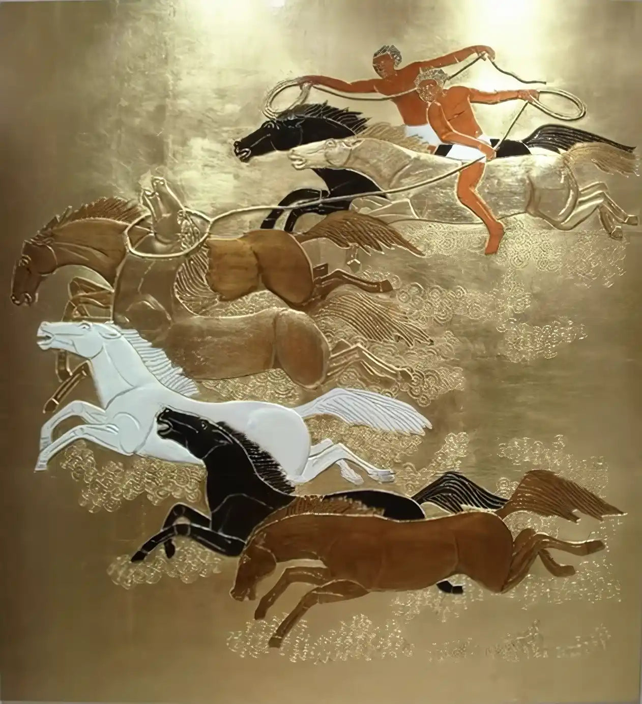 Decorative panel with running horses and people on a gold background