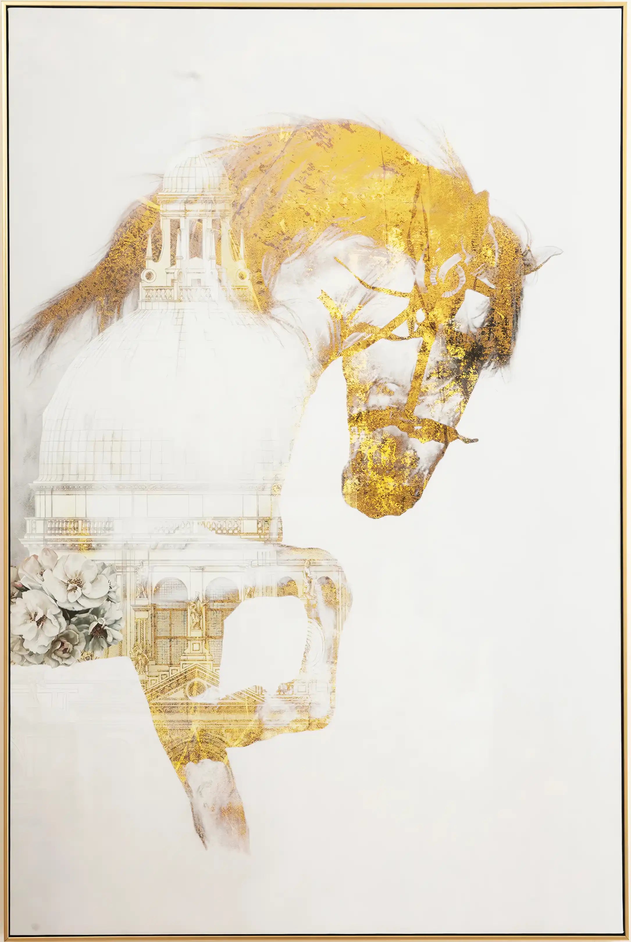 Abstract art piece with a horse's head in gold and white on a light background