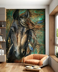 Decorative wall mural of a horse in a modern living room.